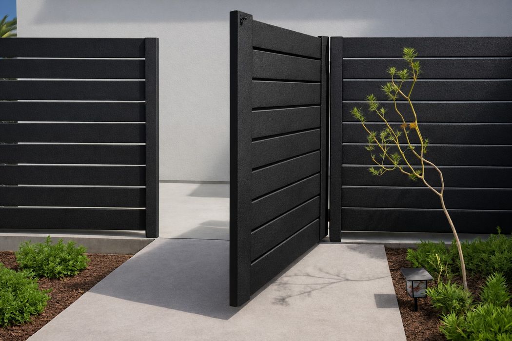 Black Quickscreen gate standing open between fence panels